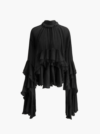 Şeffaf Turtleneck Volanlı Şifon Bluz
