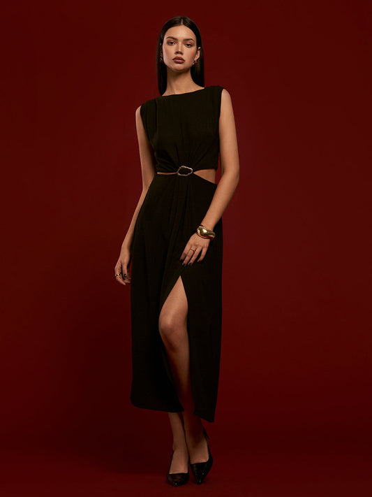 Metal Halka Kesik Piliseli Maxi Elbise