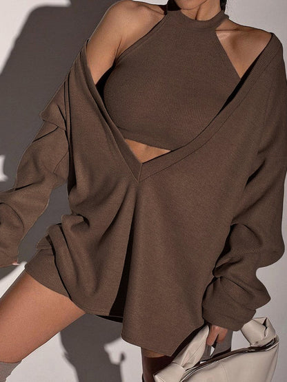 Yelekli Düz Yivli Örgü Sweatshirt