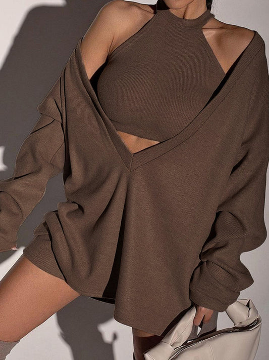 Yelekli Düz Yivli Örgü Sweatshirt