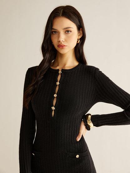 Kesik Detaylı Dalgıç Kenarlı Triko Elbise