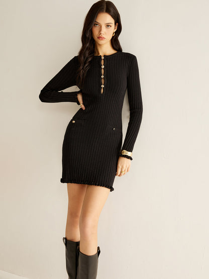 Kesik Detaylı Dalgıç Kenarlı Triko Elbise