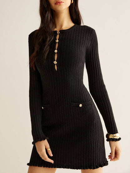 Kesik Detaylı Dalgıç Kenarlı Triko Elbise