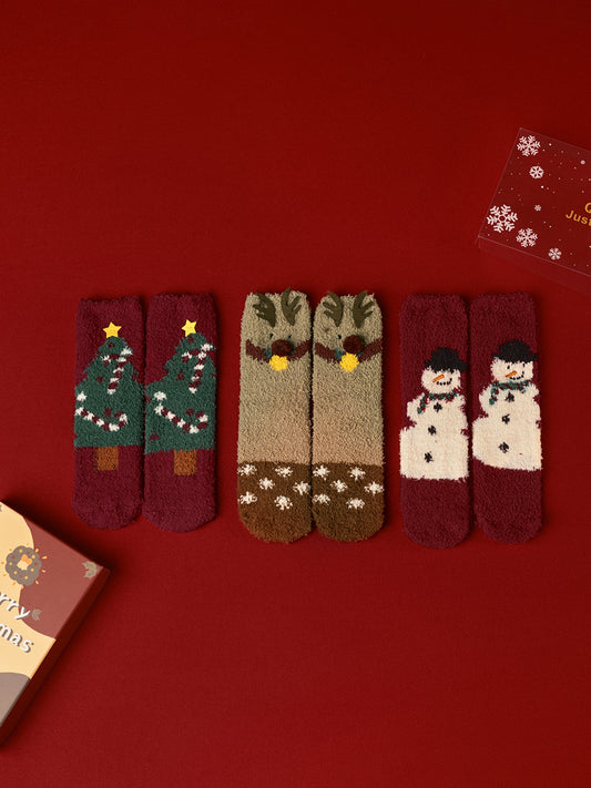 Kutulu 3'lü Noel Koral Kadife Çorap Seti