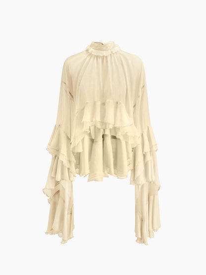 Şeffaf Turtleneck Volanlı Şifon Bluz