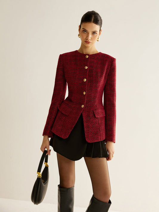 Düğmeli Yırtmaçlı Tweed Blazer Ceket