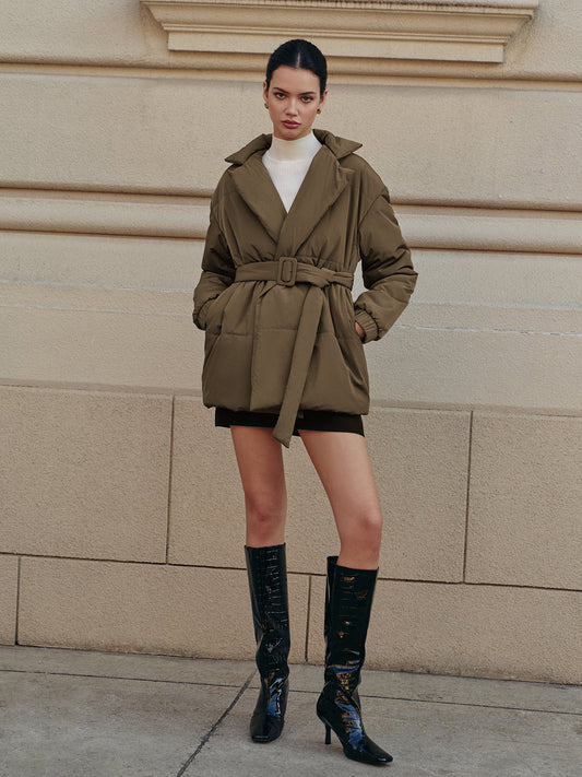 Kemerli Yaka Sıcak Kış Kabanı