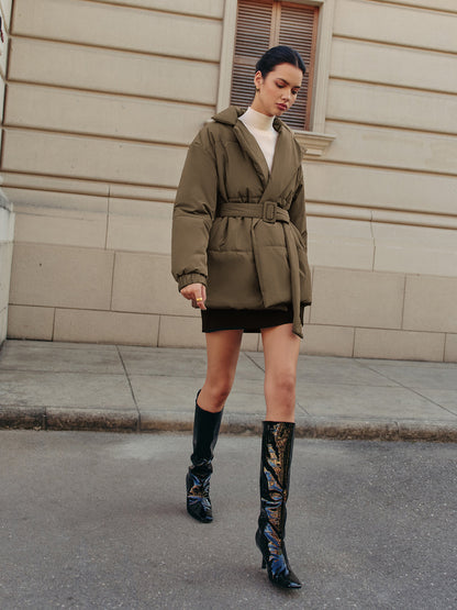 Kemerli Yaka Sıcak Kış Kabanı