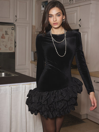 Vatkalı Kadife Balon Elbise