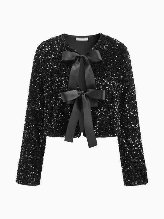 Payetli Kadife Fiyonklu Blazer Ceket