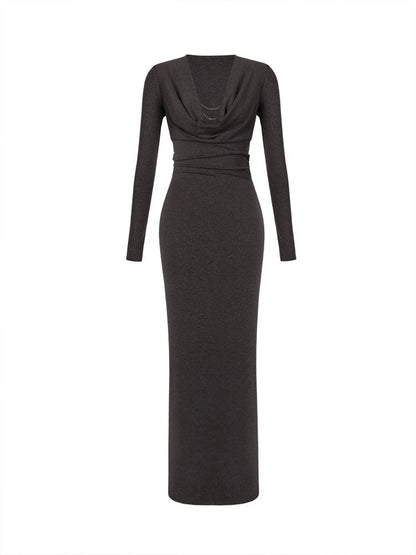 Metal Detaylı Drape Yaka Dar Jarse Elbise