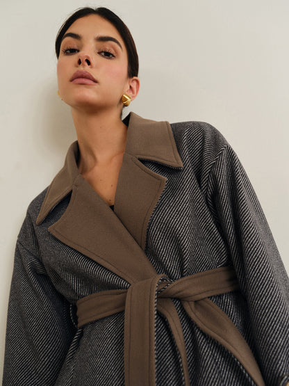 Oversize Kontrast Yaka Kemerli Yün Palto