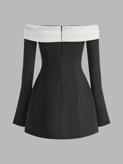 Renk Bloklu Omuz Açık Volan Kol Elbise