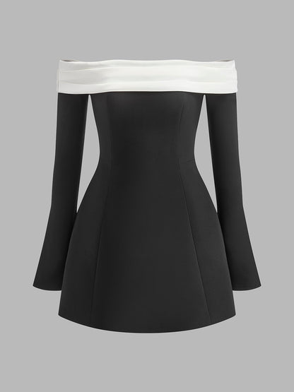 Renk Bloklu Omuz Açık Volan Kol Elbise