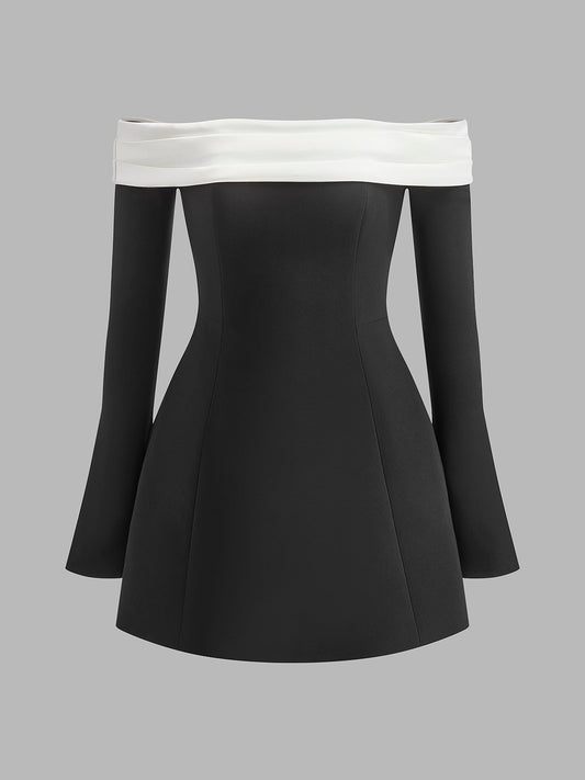 Renk Bloklu Omuz Açık Volan Kol Elbise