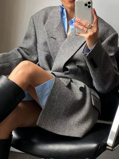 Kuşaklı Yün Karışımlı Ekose Blazer