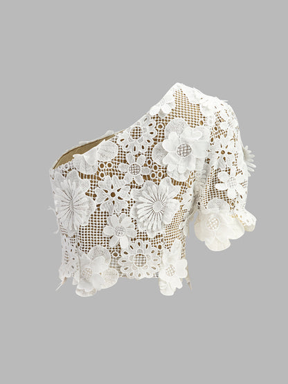 Asimetrik Çiçek Dantelli Üst Etek Takımı