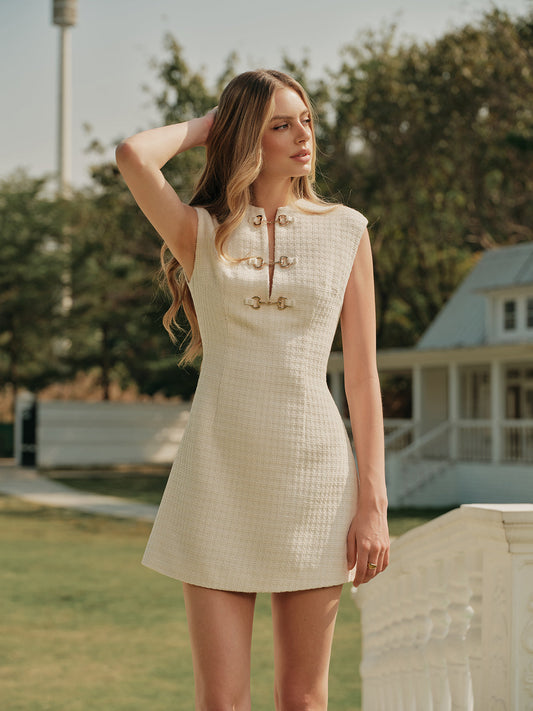 Metal Düğmeli Kolsuz Tweed Elbise
