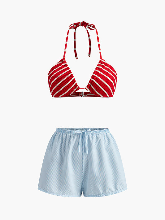 Şık Çizgili Bikini Takımı ve Uyumlu Şortlar