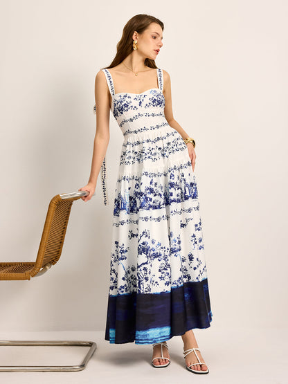 Çiçek Desenli Bağcıklı Katmanlı Maxi Elbise