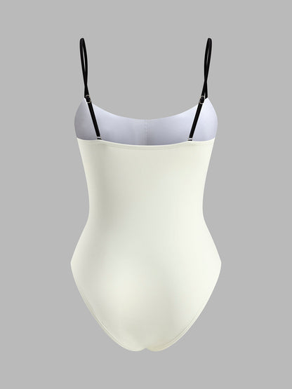 Kontrast Biyeli İnce Askılı Tek Parça Mayo