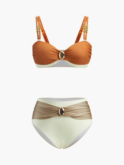Canlı Renk Bloklu Bikini Seti Şık Kemer Tasarımı ile