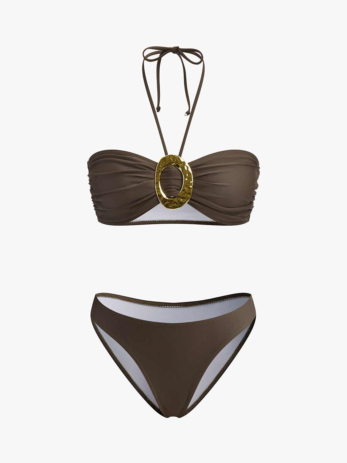 Şık Oval Yüzük Bant Bikini Takımı ve Akışkan Drapeli Etek