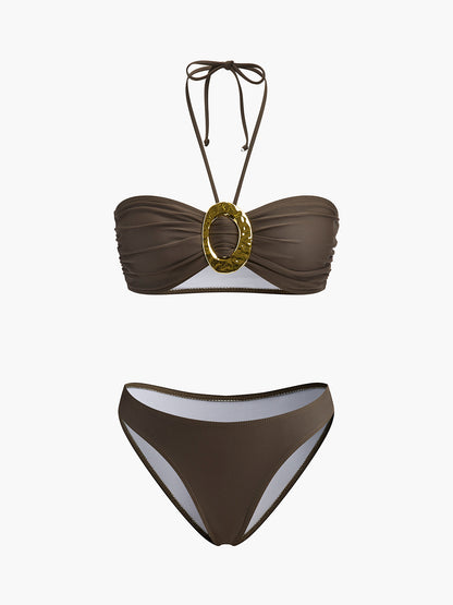 Şık Oval Yüzük Bant Bikini Takımı ve Akışkan Drapeli Etek