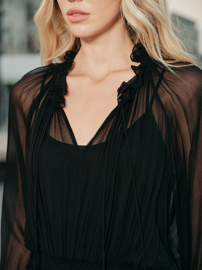 Fırfırlı Yarı Şeffaf Şifon Elbise