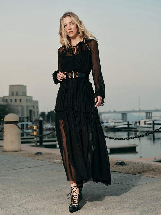 Fırfırlı Yarı Şeffaf Şifon Elbise