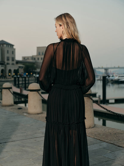 Fırfırlı Yarı Şeffaf Şifon Elbise