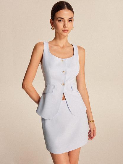 Zarif Düğmeli Yırtmaçlı Cepli Etek Takımı