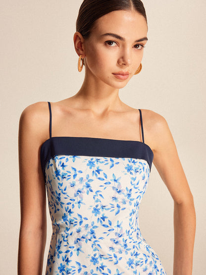 Çiçek Desenli Renk Bloklu Askılı Elbise