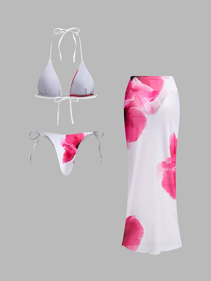 Cazip Çiçekli Bikini Seti, Şeffaf Etek ile Birlikte