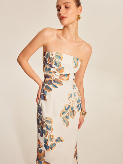 Çiçek Desenli Straplez Elbise