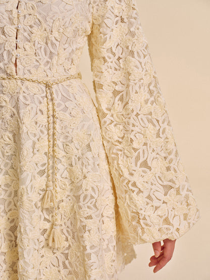 Dantel Balon Kollu Kuşaklı Elbise