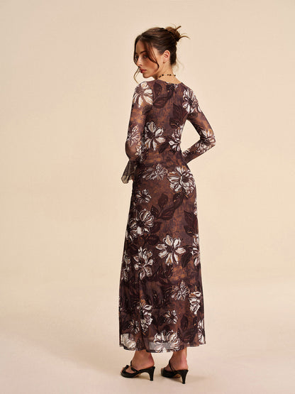 Yarı Şeffaf File Çiçek Desenli Kesik ve Yırtmaç Detaylı Elbise