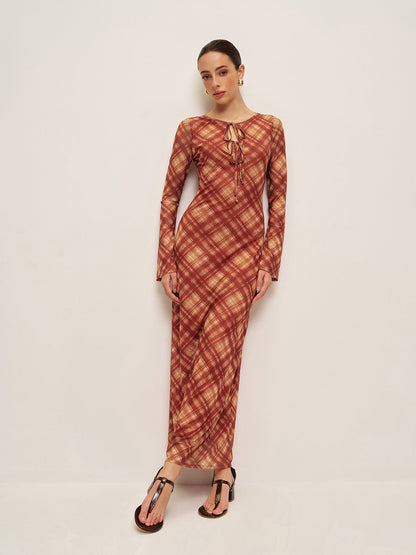 Ekose Bağcıklı Uzun Kollu Elbise