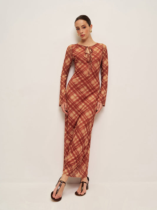 Ekose Bağcıklı Uzun Kollu Elbise