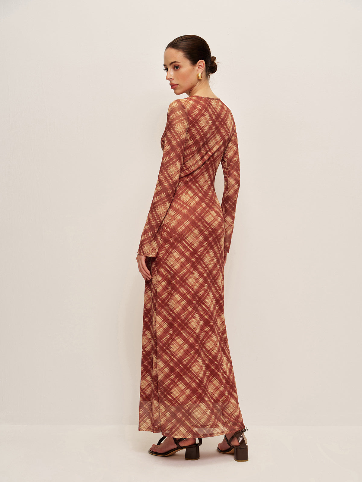 Ekose Bağcıklı Uzun Kollu Elbise