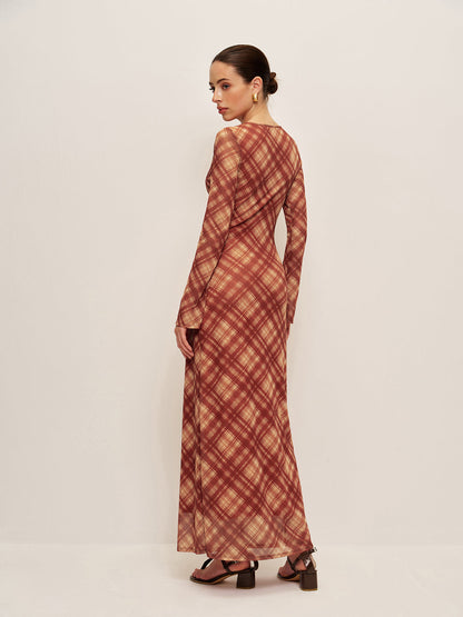 Ekose Bağcıklı Uzun Kollu Elbise