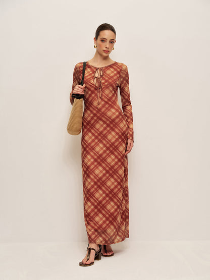 Ekose Bağcıklı Uzun Kollu Elbise