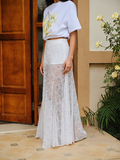 Orta Bel Yarı Şeffaf Dantel Etek