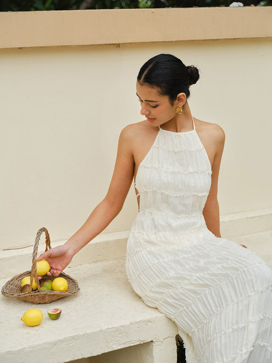 Halter Yaka Askılı Sırt Detaylı Fırfırlı Elbise