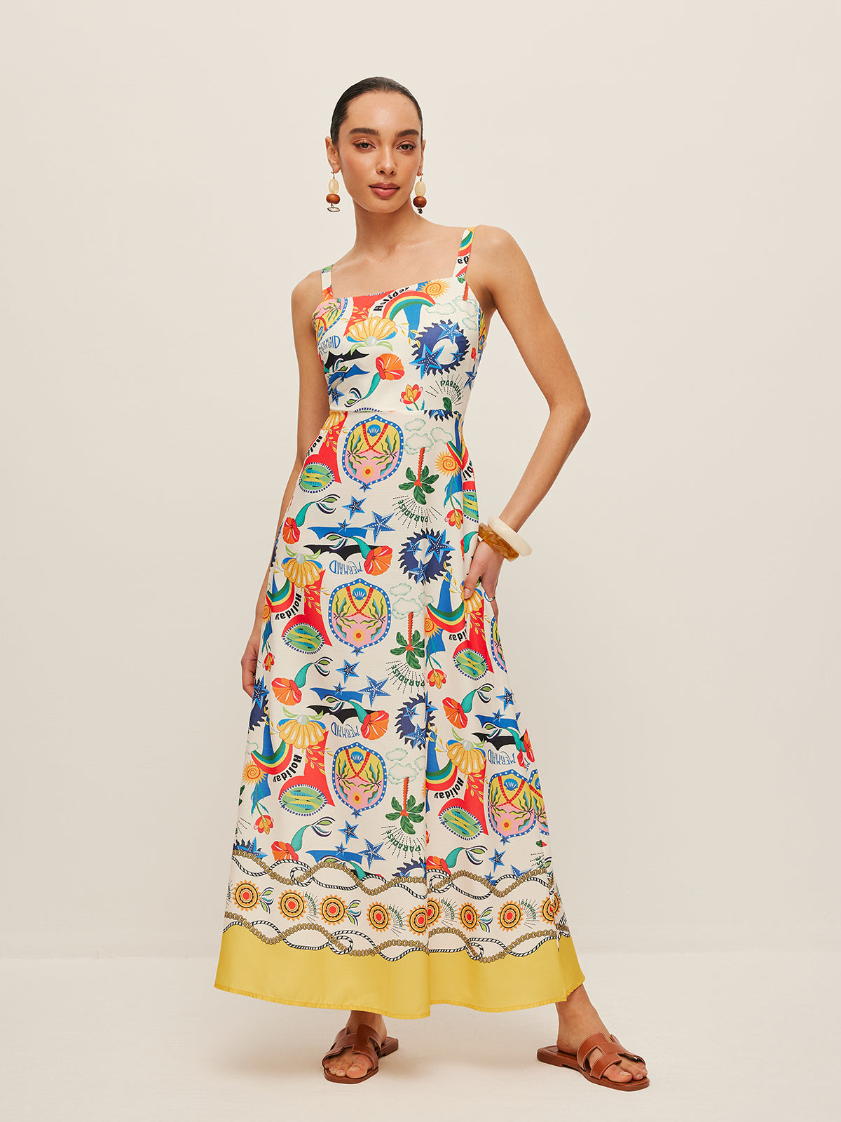 Renkli Desenli Askılı Elbise