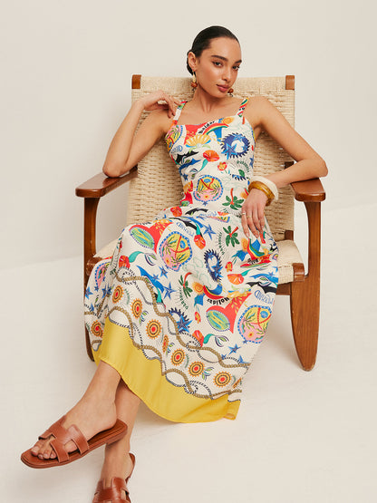 Renkli Desenli Askılı Elbise