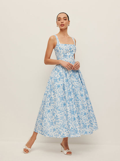 Kare Yaka Cepli Desenli Elbise