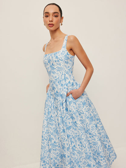 Kare Yaka Cepli Desenli Elbise