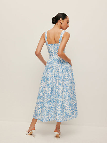 Kare Yaka Cepli Desenli Elbise