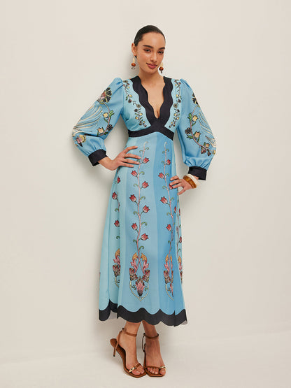 Sırtı Açık Puantiyeli Balon Kollu Çiçek Desenli Elbise